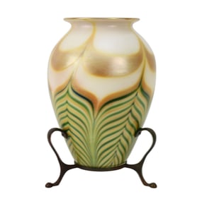 Tiffany Studios Favrile Art Glass Vase on Bronze Stand.