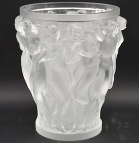 Lalique Bacchantes Frosted Crystal Vase, French, signed, original decal, 9 3/4"h x 8 3/4"w