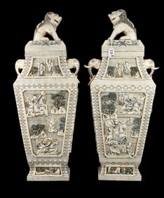 Pair Tall Chinese Tessellated Bone Carved Vases AND Foo Dog Lids (32"h  15"w) incised and pigmented