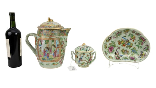 Three Chinese Famille Rose Celadon Ground Porcelain - Three Chinese porcelain pieces decorated with