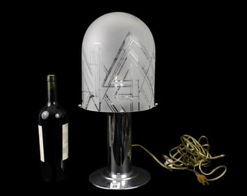MCM Art Deco Style Table Lamp, Chrome with Dome Etched Glass Shade, Auma Inc. CA, Circa 1979, 18" h