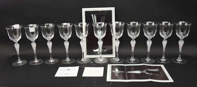 11 Faberge Wine Glasses with Frosted Nude Stems, 8"h (with COA, one has chip)
