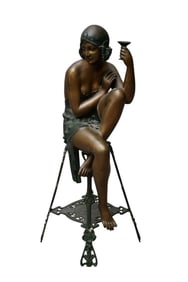 Bronze Sculpture of Seated Flapper Girl on Attached Bronze Stool, 30"h x 11"square