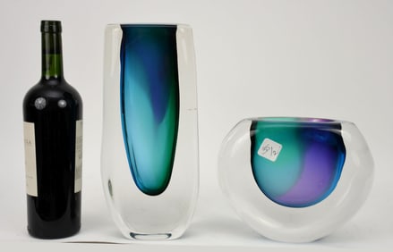 2 Murano Sommerso Art Glass Vases, Illegibly Signed (12"h x 5"w & 7"h x 8"w