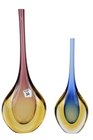 2 Murano Sommerso Art Glass Bud Vases, Signed Luigi Ornesto, 18"h x 7"w & 14"h x 5"w