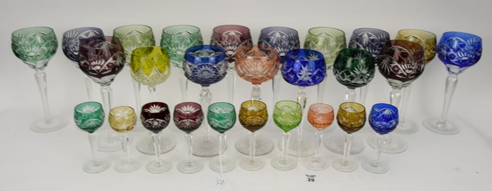 Assorted Colored Stemware, Cut to Clear, 17 Goblets (8 1/2"h x 3"w Largest, 5"h x 2"w Smallest) and