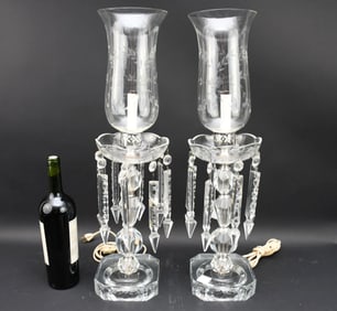 Pair Vintage Cut Crystal Lustres with Globes, 18"h x 7"w Base, Globes 10"h
