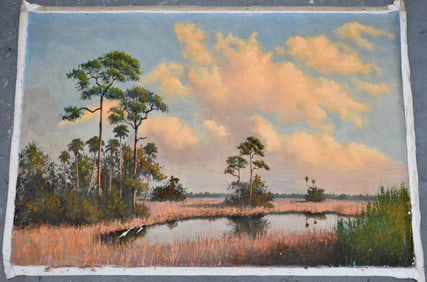 Unsigned Florida Everglades Scene painting , oil on canvas, loose unstretched. 24 x 36 inches.