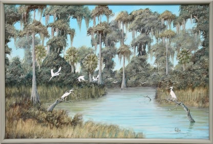Joe D. Gibbs (Florida 1948 - 1998)  Oil painting 'Backwater Herons' on canvas.  backwater scene with