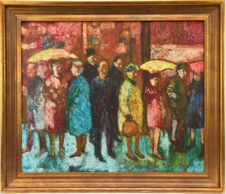 Diane Vidito (American, b. 1931-) People with Umbrellas-1965. Oil on canvas, Signed and dated lower