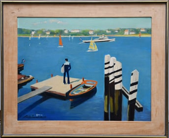 Leslie Fairchild (American, 20th century)  Oil on canvas, Sailor standing on a dock with sailboats,