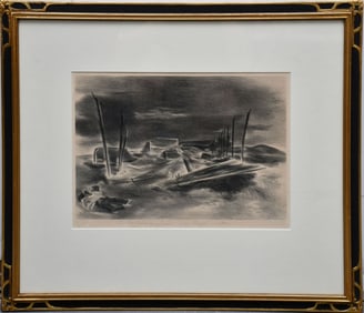 PRINT by Yasuo Kuniyoshi (Japanese-American, 1889-1953) Lithograph, Deserted brickyard-1939. Boats