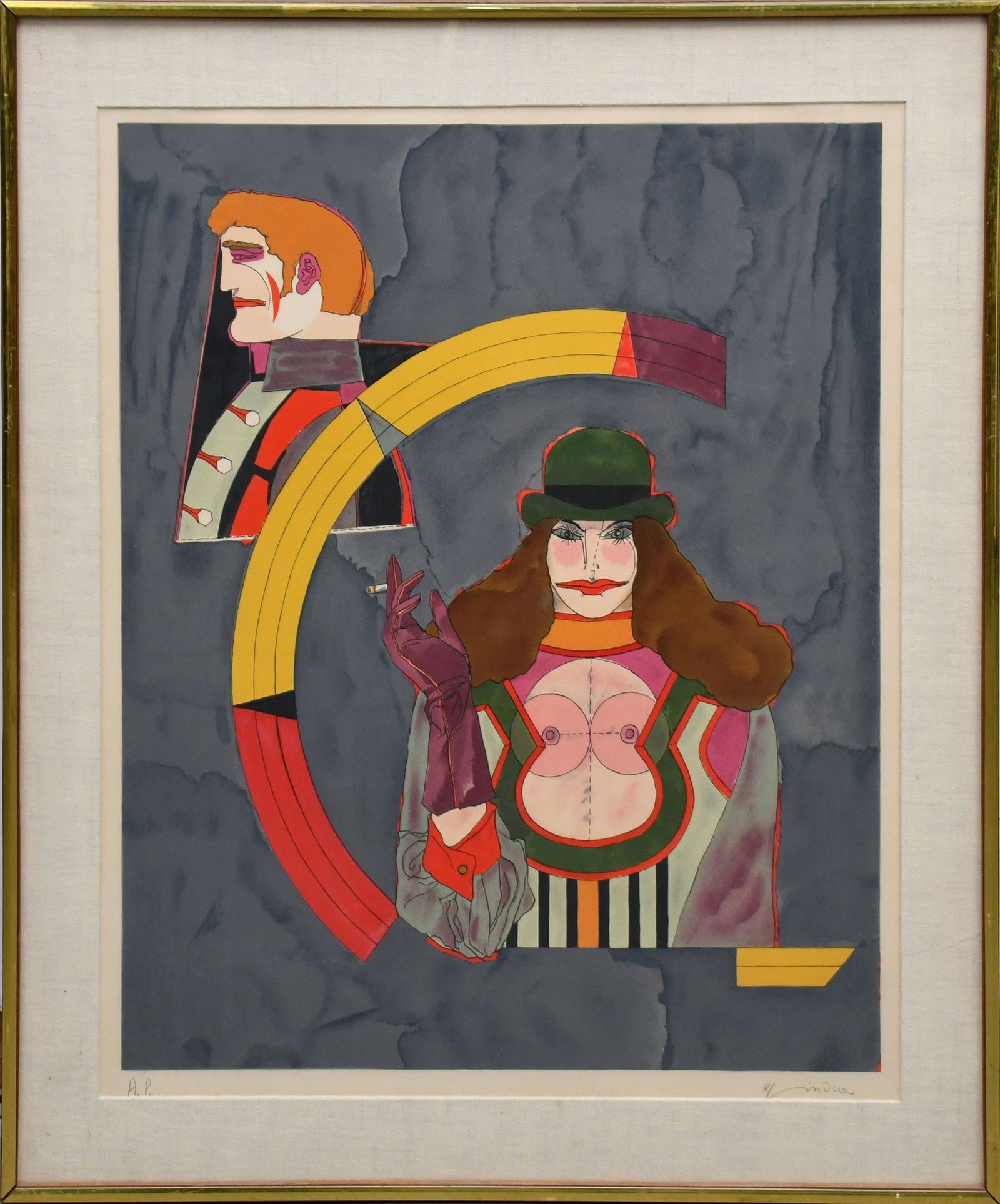 Richard Lindner (German-American, 1901-1978) Lithograph Artist’s proof. Portrait No. 2 from the: Richard Lindner (German-American, 1901-1978) Lithograph Artist’s proof. Portrait No. 2 from the After Noon portfolio- 1969. Bust of man and woman in green hat smoking and geometric C. Signed lower r