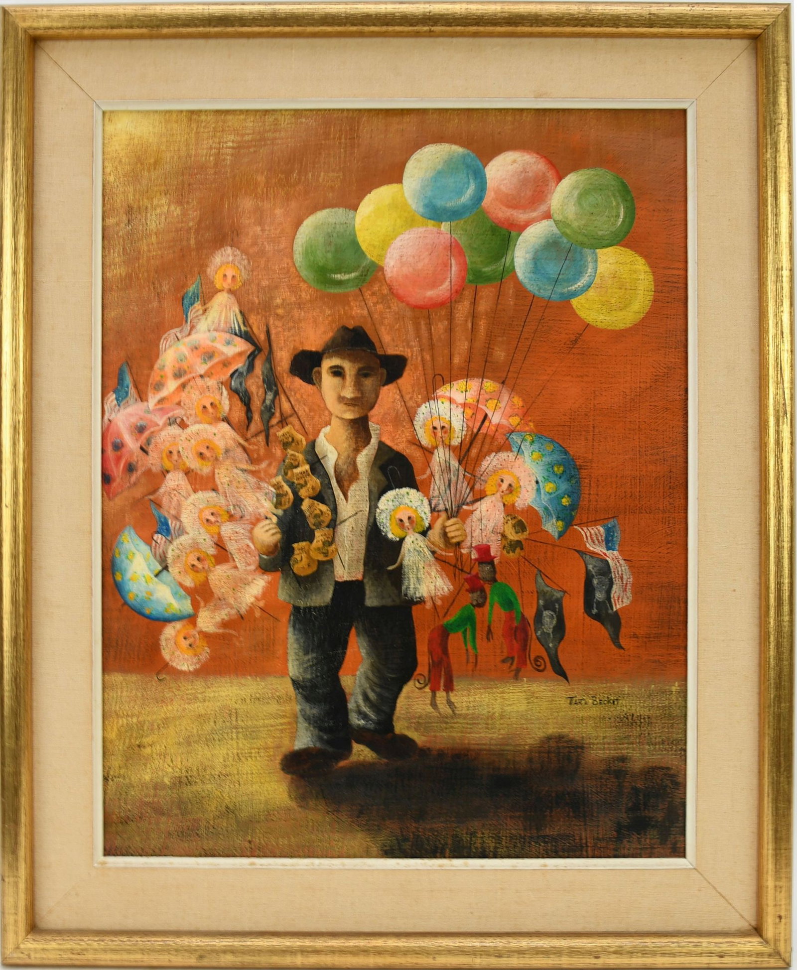 Marta Becket (New York 1925-2017) oil on Masonite, Balloon Seller, painting sizes 20 x 16 inches, (1 of 6)