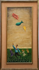 Marta Becket (New York 1925-2017) oil on Masonite, surrealistic painting Kite Flying in a green