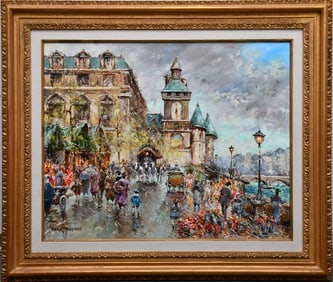 Nicole Blanchard (French b. 1943) oil on canvas Busy Paris Scene, Pntg. size 25 3/4 x 32 inches.