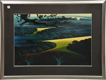 Eyvind Earle (1916-2000 Carmel, CA) Serigraph Three Horses, signed and numbered 27/100.  Image size