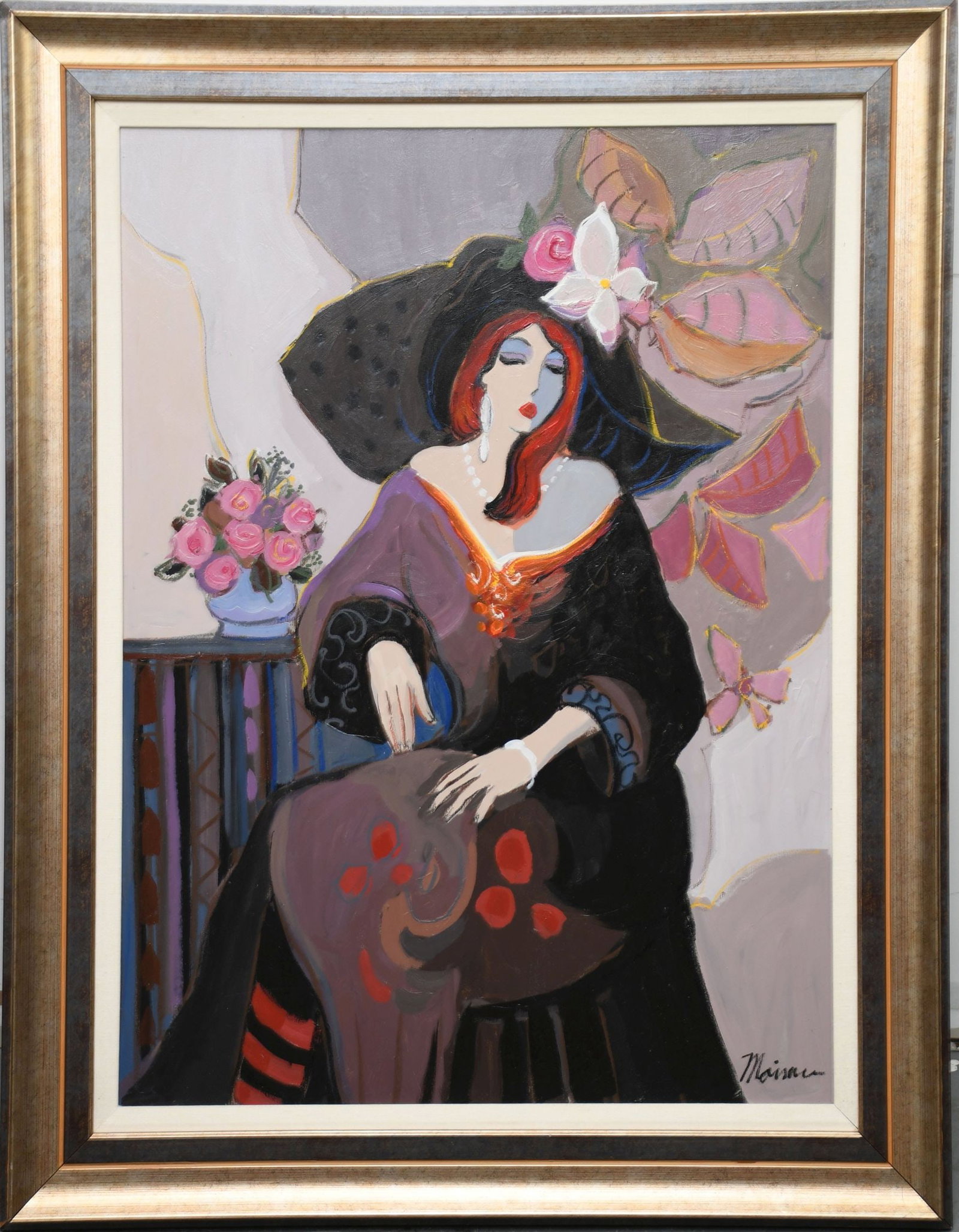 Isaac Maimon (French/Israeli 1951-) oil on canvas, seated lady 40 x 30 inches. overall frame size 49 (1 of 4)
