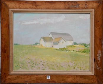 Marie Stobbe (American 1909 - 2003) Farmhouse, oil on Masonite 18 x 24 inches. overall frame size 25