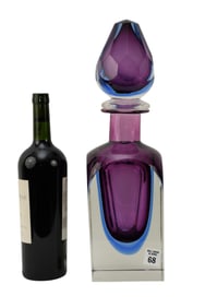 Murano Sommerso Art Glass Bottle with Huge Stopper, Italian, Polished Panel Sides, Purple & Blue