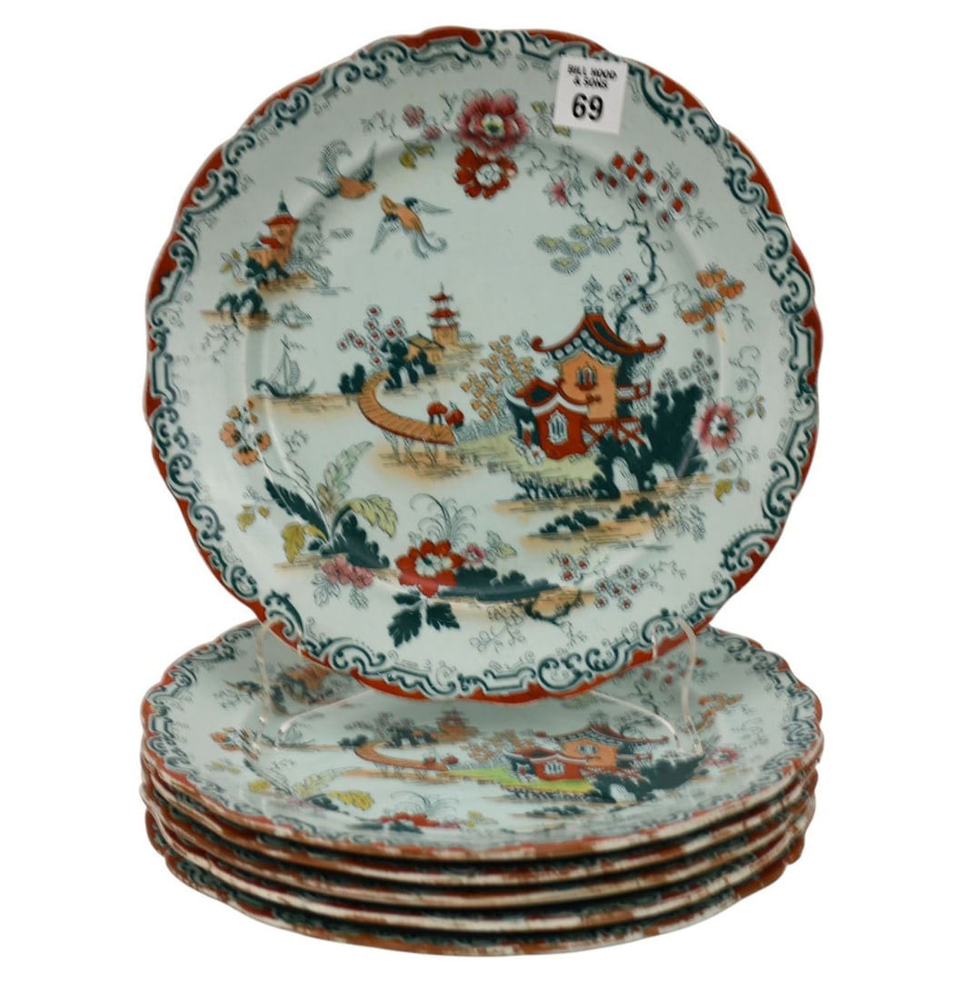 6 Ridgway 19th c. Ironstone Chinoiserie Design Plates, 10 1/4"dia (1 of 7)