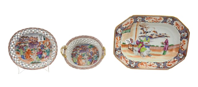 3pcs. Chinese Export, Chestnut Basket & Liner (8" x 9") with Platter (3"h x 14 1/2"L)