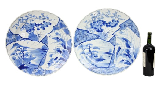 Pair Japanese Blue & White Imari Porcelain Chargers, Blue Floral on White Backgrounds, 18"