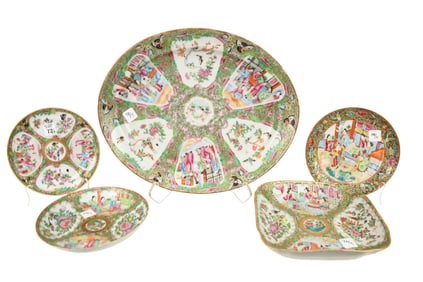 Grouping 5 Pcs. Antique Chinese Rose Medallion Porcelain, 3 Assorted Plates (8 1/2"d), Square (9