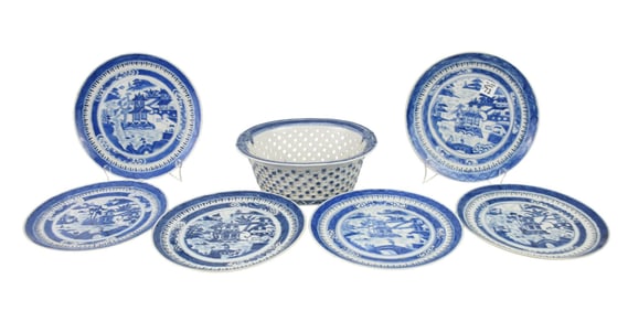 7 Pcs. Porcelain, 6 Chinese Nanking Plates (9 3/4"dia) And Chestnut Bowl (4"h x 10"w)