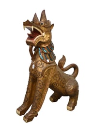 Oversized Asian Carved Foo Dog with Inlay Glass Mirrored Mane, 46"H x 32"w x 21"d
