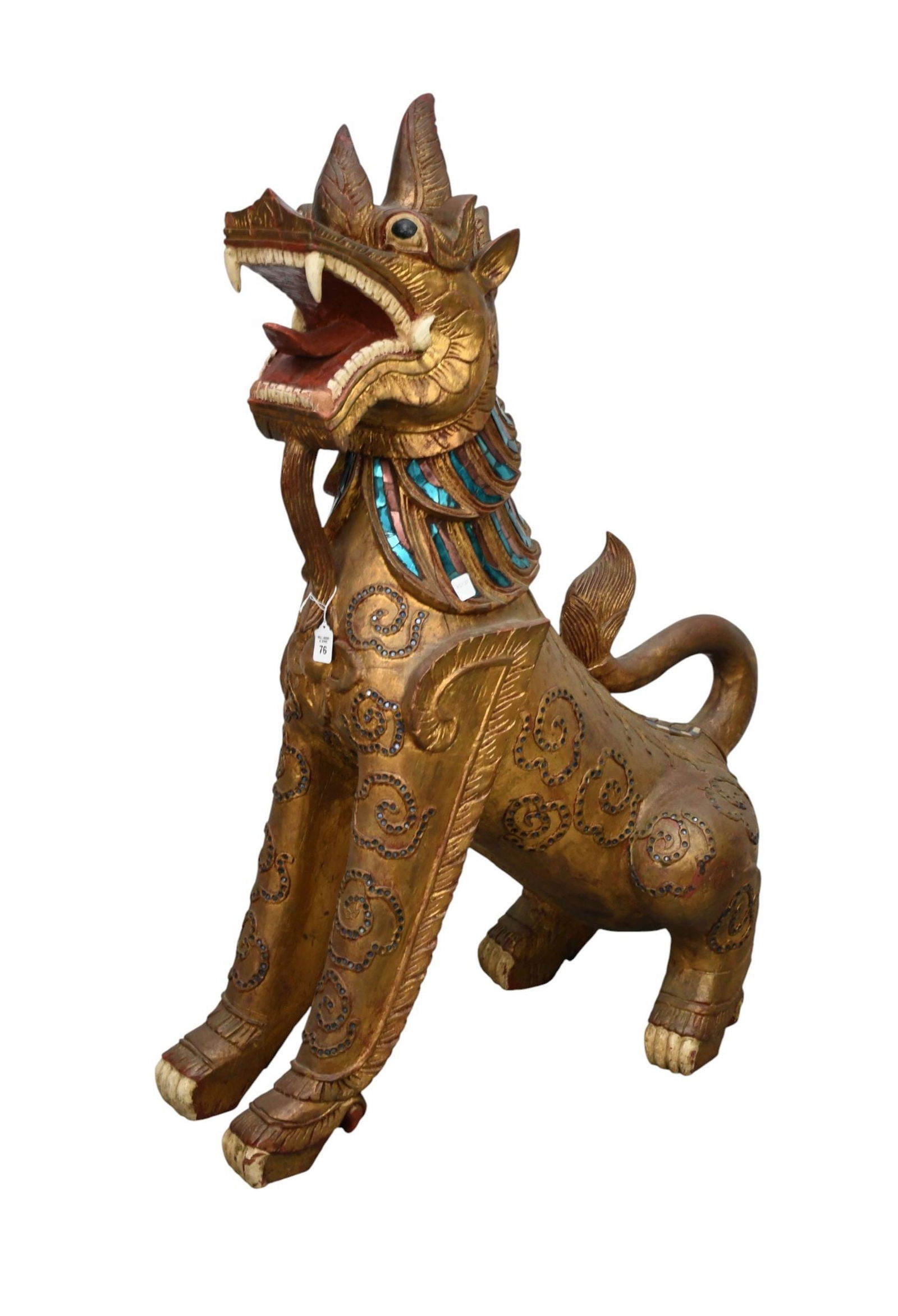 Oversized Asian Carved Foo Dog with Inlay Glass Mirrored Mane, 46"H x 32"w x 21"d: Oversized Asian Carved Foo Dog with Inlay Glass Mirrored Mane, 46"H x 32"w x 21"d