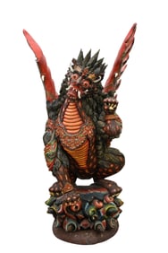 Carved Wood Balinese Singha Figure, Winged Lion Temple Guardian, Colorfully Painted, 44"h x 21"w x
