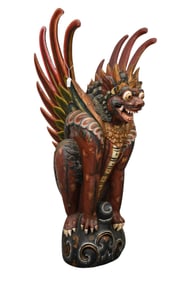 Carved Wood Balinese Singha Figure, Winged Lion Temple Guardian, Colorfully Painted, 49"h x 23"w x