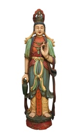 Painted Carved Wood Tibetan Quan Yin, 59"h x 19"w x 16"d
