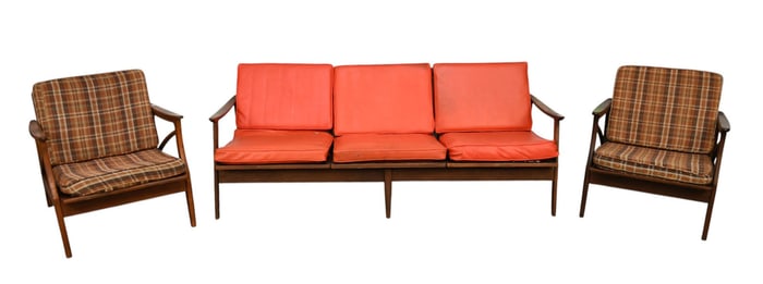 Pair Danish Mid-Century Armchairs & Viko Baumritter Sofa - Danish wood armchairs, (26 1/2"h x 27