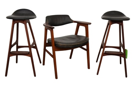 Danish Teak Mid-Century Armchair with Original Black Leather Back & Seat (as is), 32"h x 24"w AND