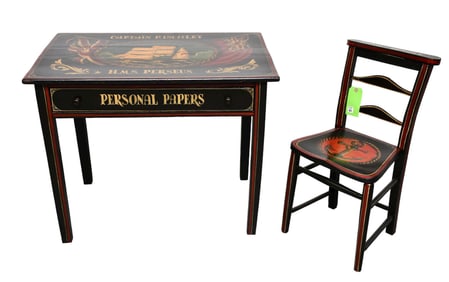 Nautical Reproduction Desk & Chair, Captain P. Inchley, Painted with Single Drawer, 29"h x 36"w x