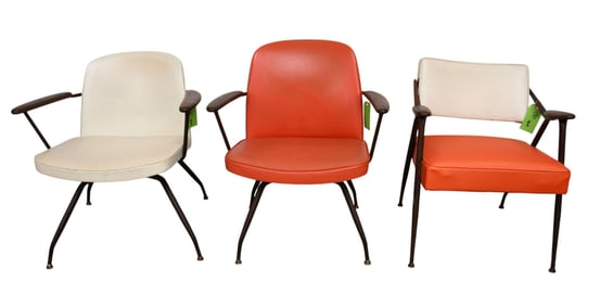 3 Pcs, Pair Mid-Century Viko Baumritter Swivel Chairs, Faux Wood & Metal Frames,(32"h x 27"w x 21