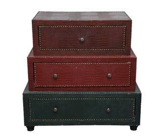 Decorative Graduated 3 Drawer Chest, Faux Alligator with Brass Nail heads, 33"h x 34"w x
