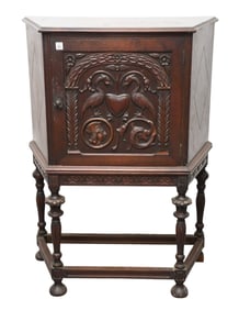 Spanish Carved Cabinet, One Interior Shelf, Raised Turned Legs, 45"h x 33"w x 15"d **If this item is
