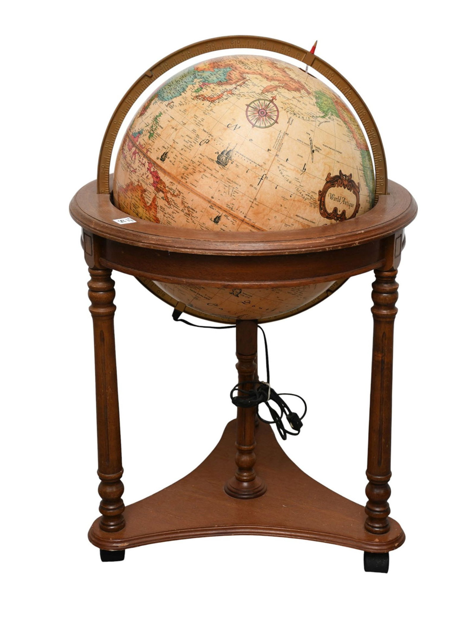 Lighted Globe with Fitted Wood Frame, 30"h x 22"dia (as is, can be rewired): Lighted Globe with Fitted Wood Frame, 30"h x 22"dia (as is, can be rewired)
