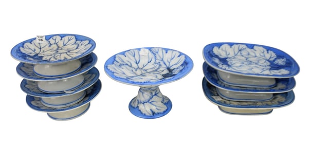 8 Pcs. Antique Impressed Pearlware, Blue & White Porcelain, 4 Footed Plates (2"h x 9"dia), 3 Footed