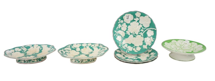 6 Pcs. Antique Impressed Pearlware, Green & White, 3 Dinner Plates (9"dia) AND 3 Footed Rectangular