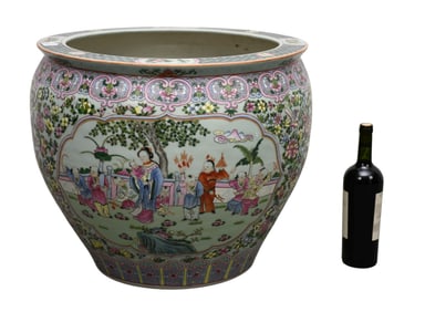 Ceramic Celadon Fishbowl, Famille Rose, Koi Fish Interior, 19"h x 21"w