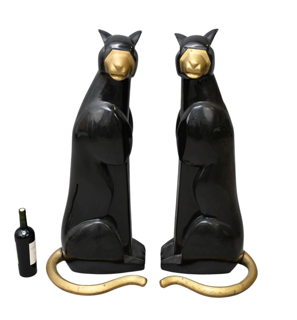 2 Large Vanderveen Style Fiberglass Seated Black Cats with Brass Accents, 38"h x (1 of 6)