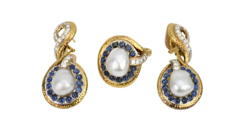 18K Yellow Gold Diamond Pearl Sapphire Set.  Earrings  34 Brilliant cut Diamonds G-H VS1 - VS2, 30