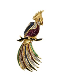 18K Yellow Gold Cockatoo Ruby, Sapphire, Diamond Bird Brooch. 3" x1" 40 faceted square Rubys approx.