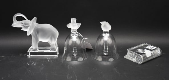 4 Crystal Pieces, Lalique Elephant (6 1/2"h x 4"w x 2"d), 2 Lalique Bells with Birds (6"h x 3 1/2"w)