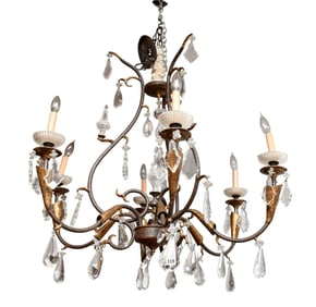 Large French Style 6 Branch Chandelier, Iron with Gold Painted Accents with Crystals & Prisms, 38"h