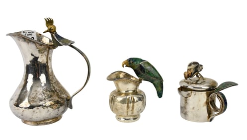 Castillo Mexico Sterling Pitcher, Smaller Pitcher and Cup with Lid, Each With Hardstone or